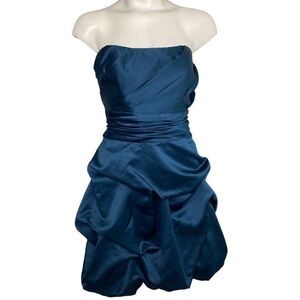 David Bridal Blue‎ Strapless Pick Up Pleated Bodice Satin Dress Sz 6